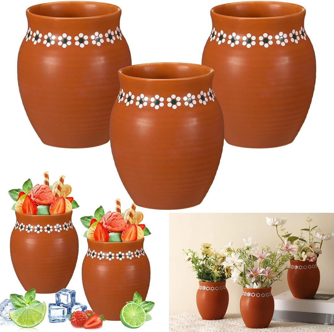 3 Pcs 16oz Cantaritos De Barro Mexicanos Terracotta Vases Sets Mexican Ceramic Vases with Flower Print Clay Margarita Glasses for Mexican Wedding Table Decorations Fiesta Centerpieces