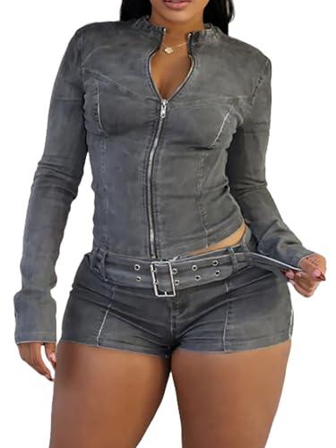 NATRUNSOO Two Piece Denim Outfits for Women 2025 Trendy Spring Summer Zipper Cropped Jean Jacket Bodycon Shorts Set Grey L