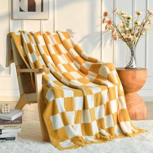 Xiashrk Checkered Throw Blanket for Couch, Checkerboard Blankets for Sofa Bed, Cozy Checkered Decorative Travel Blanket for Living Room Camping (Yellow, Throw 50"x60")