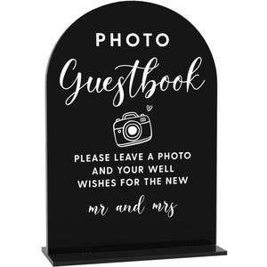 4 x Acrylic Wedding Signs, Photo Guestbook Signs for Marriage Reception, Bridal Shower Decorations, Modern Arched Round Top Acrylic Table Top Sign with Holder for Wedding Party Dinner (Black)