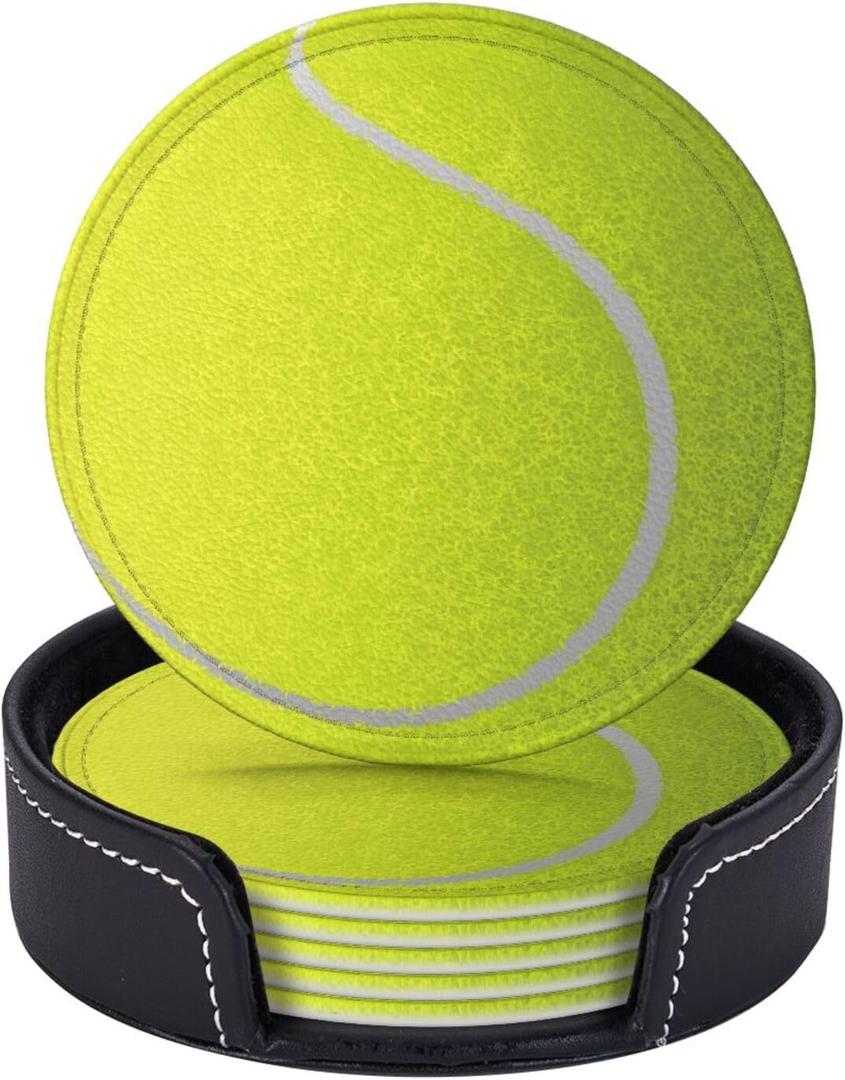 Tennis Ball Coasters for Drinks with Holder Round Leather Coasters Set of 6 Cups Mugs Mat Pad for Home Kitchen Bar
