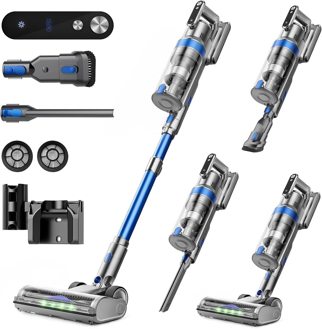Cordless Vacuum Cleaner, 50KPa 60Mins Self-Standing Stick Vacuum Cordless with Anti-Tangle Brush,Touch Screen,Lightweight & Portable,Vacuum Cleaners for Home,Pet Hair,Carpet, Hard Floor Blue