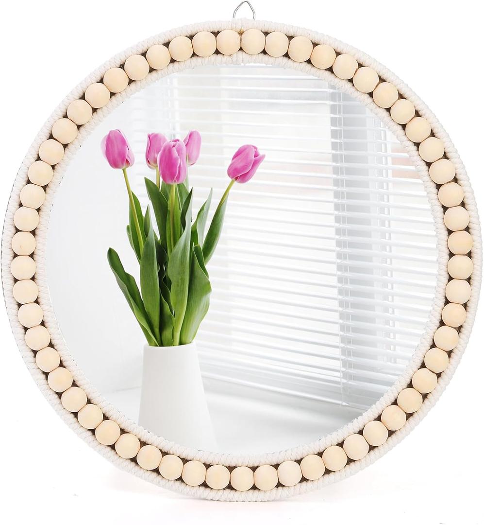 Boho Wall Mounted Mirror, 12 Inch Round Wooden Bead Hanging Mirrors, Rustic Decorative Vanity Mirror, Farmhouse Circle Decor Mirrors for Living Room, Bedroom, Bathroom, Nursery