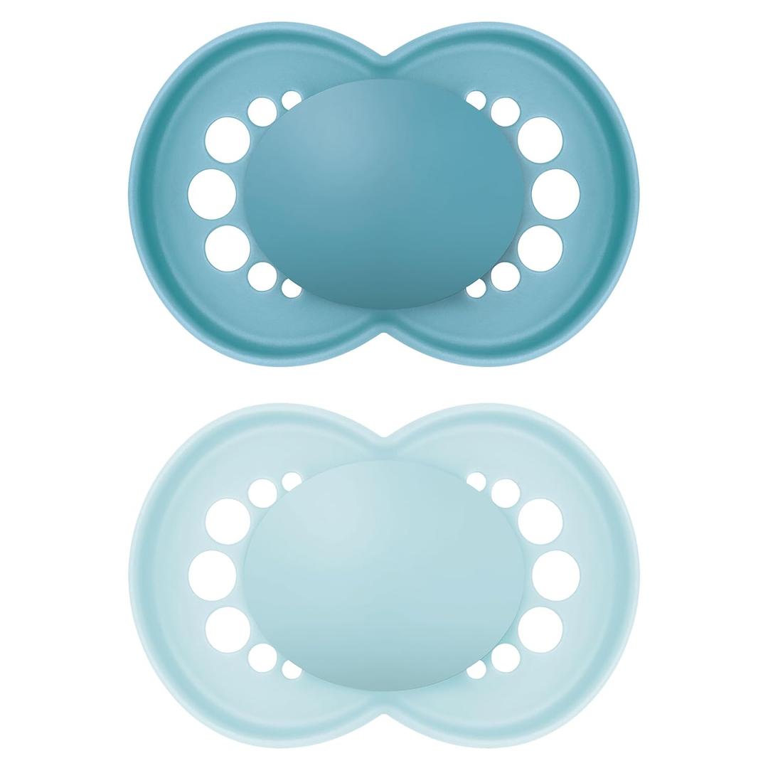 MAM Original Matte Baby Pacifiers 6-16 Months, Binky for Newborn Babies, BPA-Free Skin Soft Silicone Nipple, Easy to Clean, Developed with Medical Experts, 2 Count, with Sterilizer Case (Sky / Blue)