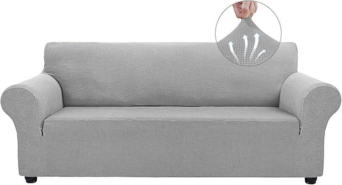 Asnomy Couch Covers for 3 Cushion Couch Stretch Sofa Covers Slipcovers, Pet Protector Furniture Covers for Dogs Cats Spandex Jacquard Fabric Small Checks （Large，Gray）
