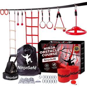 Ninja Obstacle Course for Kids Backyard - 10 Durable Obstacles and 50' Slackline - Outdoor Warrior Obstacle Playset Equipment for Girls & Boys with Monkey Bars, Ladder, Wheel, Gymnastics, Climbing Net