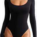 REORIA Women's Sexy Basic Sexy Scoop Long Sleeve Double Lined Layering Slim Bodysuit Tops (Medium, Black)