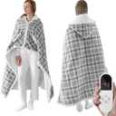 Wearable Electric Blanket Heated Throw, 50" x 60" Fast Heating Wrap Poncho Shawl with Hood & Pockets, 6 Heat Levels & 12 Hours Auto Shut-Off, Machine Washable, ETL & FCC Certified, Grey Plaid