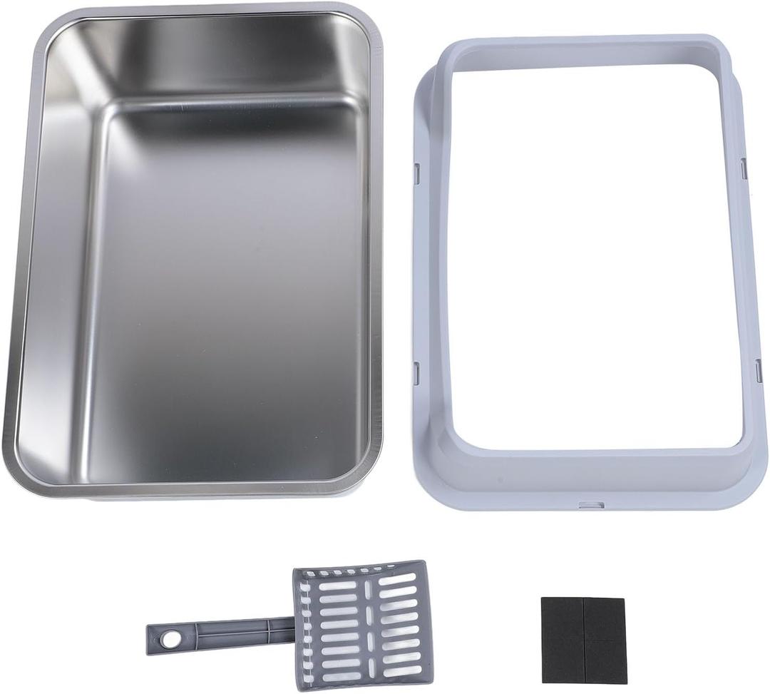 Stainless Steel Cat Litter Box, Top Entry, Sided Kitty Litter Pan with Odor Blocking, Access for Scooping, Large Size for Big Cats, Includes Shovel and (Light Gray)