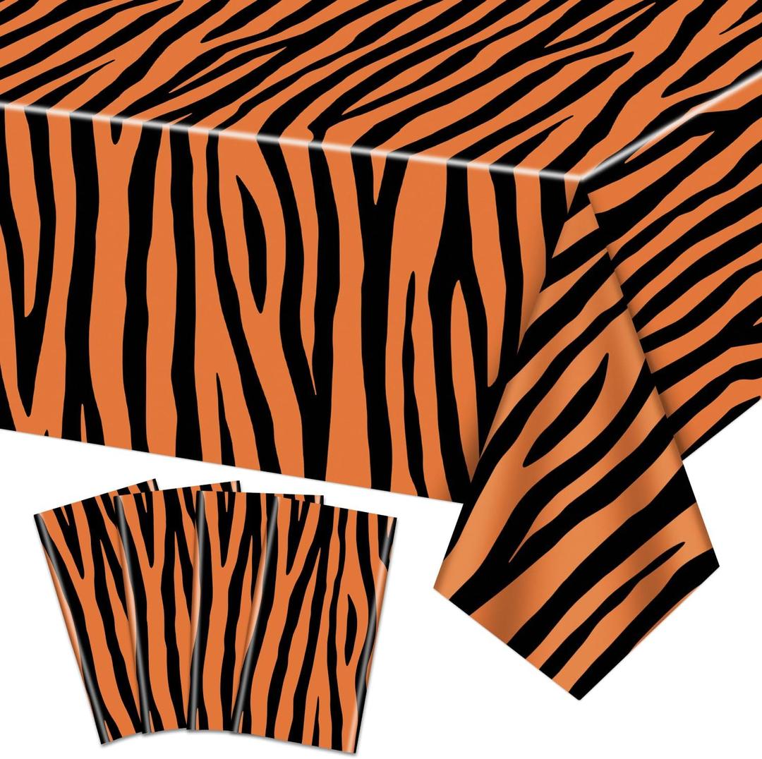 4Pcs Tiger Print Plastic Tablecloth, Rectangular Safari Animal Table Cloths, Tiger Striped Tablecloth for Zoo Jungle Safari Tiger Party Decorations, 51x 86Inch