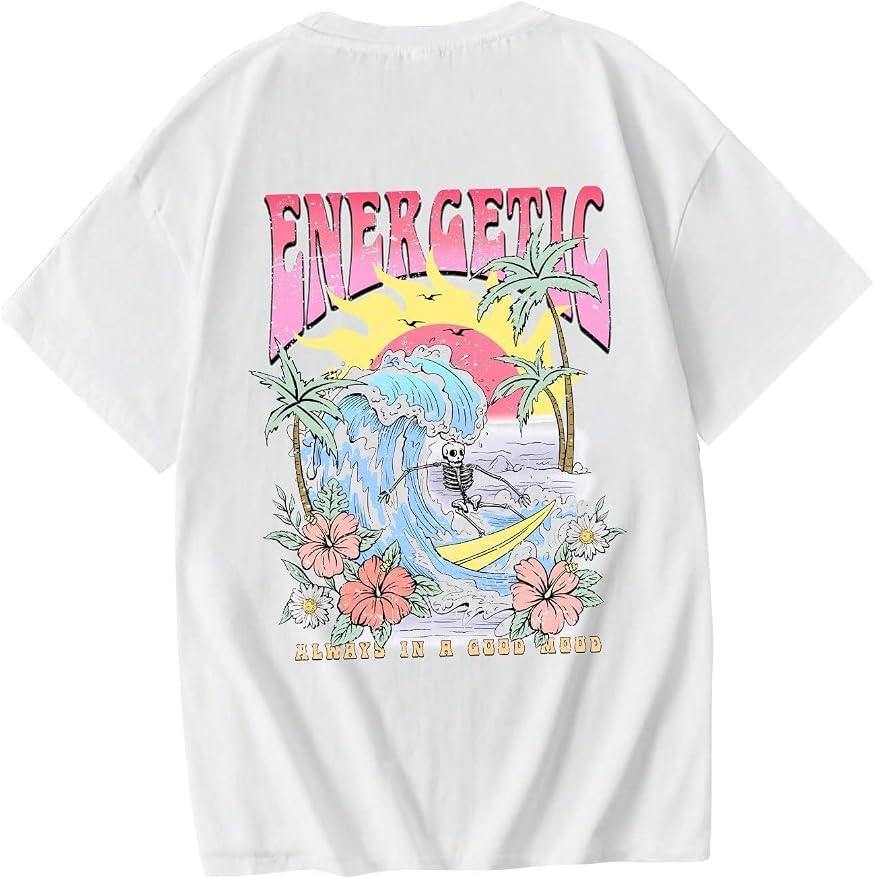 QJQ Girl's Cute Graphic T Shirts Short Sleeve Crewneck Tees Summer Tropical Trendy Preppy Tops Clothes White Beach 10 Years