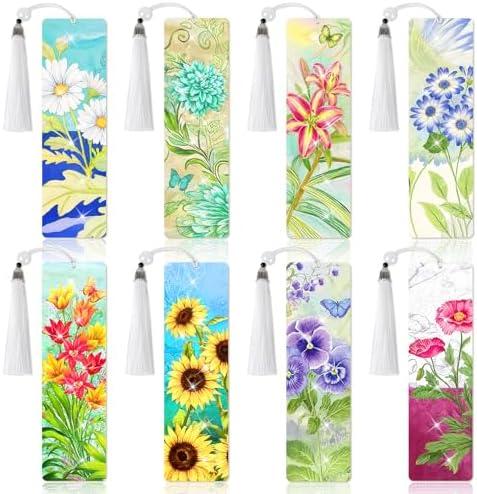 8 Pieces Christian Bible Verse Diamond Art Bookmarks 5d Christian Beaded Bookmark Acrylic Tassel Bookmark for DIY Making Beginners Kids Adults Arts Craft Supplies (Floral-1)