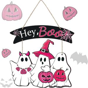 2 x Kigley Pink Halloween Front Door Decoration Hey Boo Ghost Wooden Sign, 15.35 x 12.60 inches