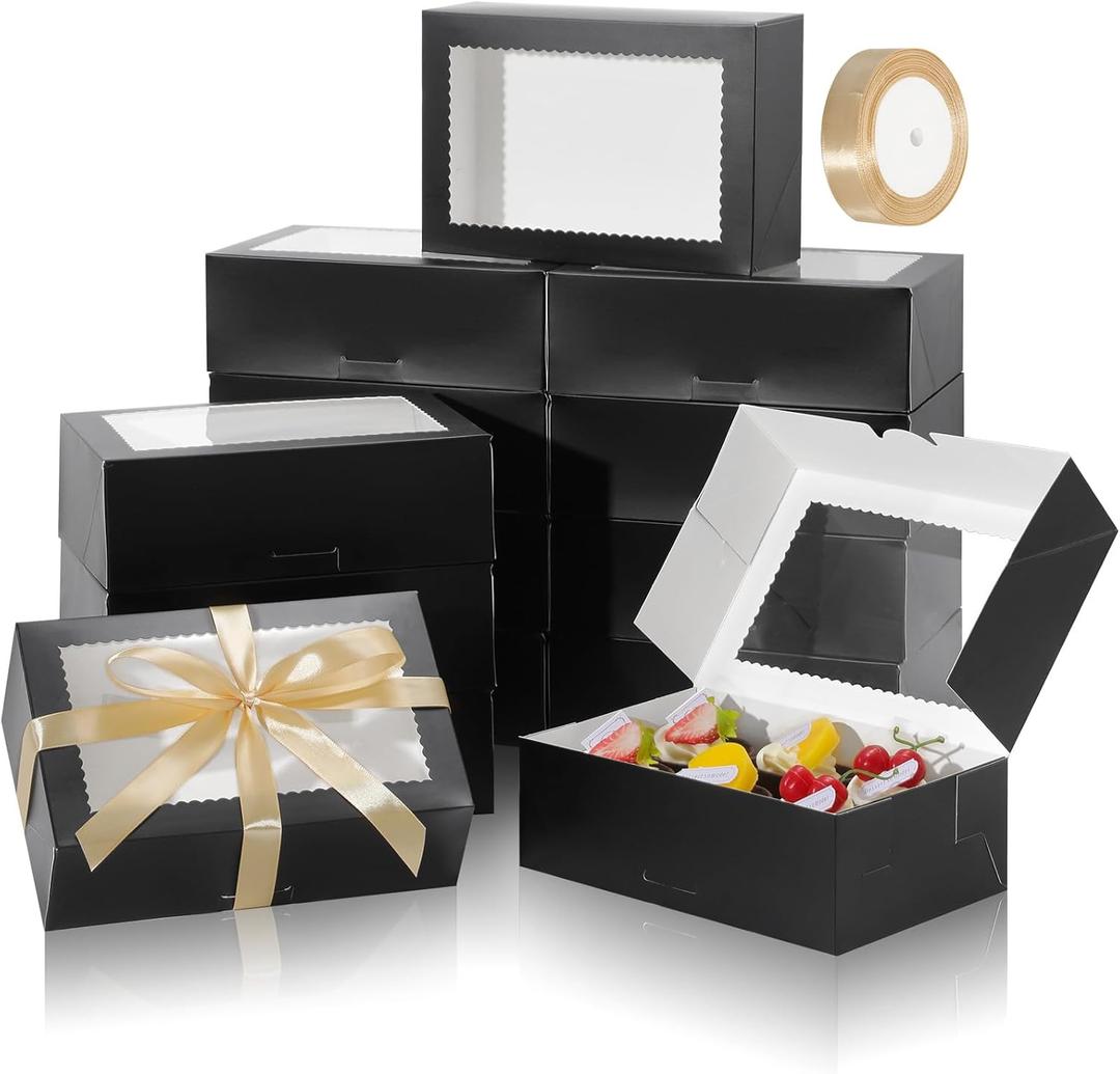 COTOPHER 10Pcs Cookie Boxes with Ribbons, 9x6x3 Inch Bakery Boxes with Window, Black Treat Containers for Pastries, Chocolate Covered Strawberries, Dessert, Easter Candy, Muffins, Donuts COTOPHER 10Pcs Cookie Boxes with Ribbons, 9x6x3 Inch Bakery Boxes with Window, Black Treat Containers for Pastries, Chocolate Covered Strawberries, Dessert, Easter Candy, Muffins, Donuts