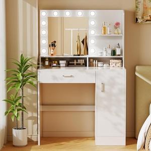 Decofy Vanity Desk with Mirror and Lights, Makeup Vanity with Drawers & Cabinet, 3 Lighting Modes & 10 Brightness Levels, White Vanity for Bedroom & Dressing Room