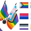 2 x Rainbow Pride Deluxe Desk Flag Set -6 Branch Miniature Gay LGBT Flag Desk Set Table Black Base and Spear Top-Desktop Decorations