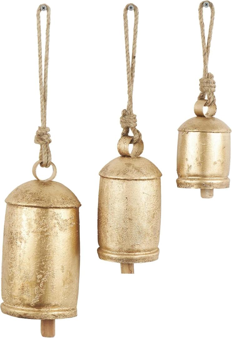 Gold Metal Tibetan Inspired Decorative Giant XL Cow Bells with Jute Hanging Rope, Set of 3 10",8",6"H - Cylindrical