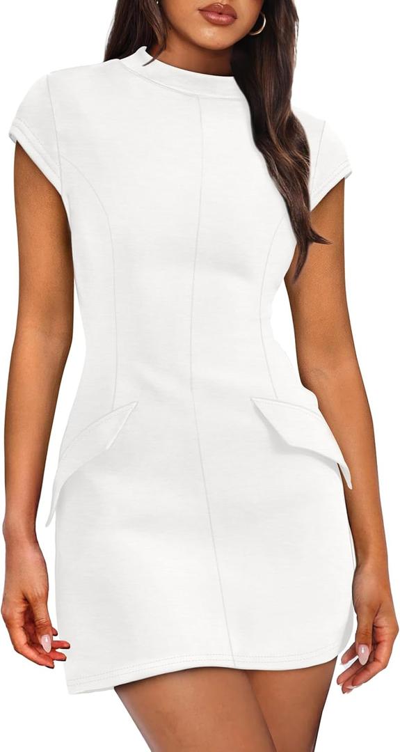 OFEEFAN Womens Summer Dress Mock Neck Short Sleeve Bodycon Party Club Mini Dresses (Medium, White)