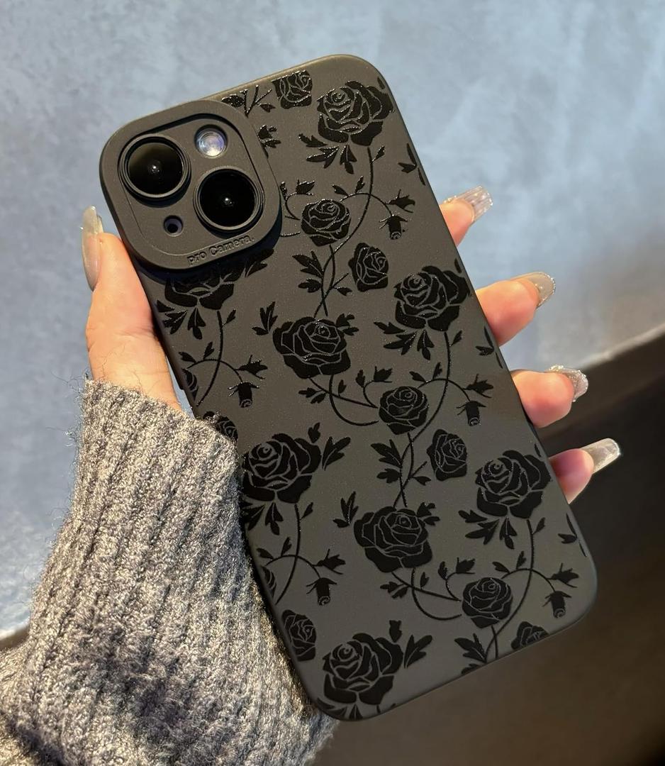 for iPhone 14 Case 6.1 Inch 2022, Aesthetic Rose Floral Print Phone Case for Women Girls Men, Slim Silicone Protective Phone Cover for iPhone 14, Black Flower