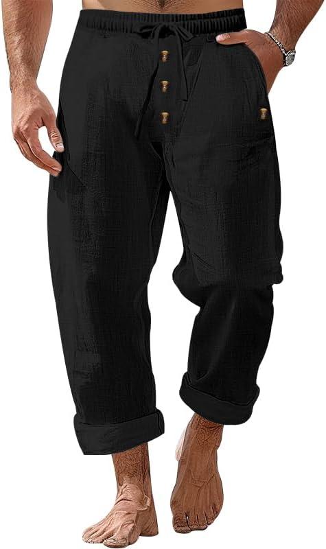 Mens Cotton Linen Pants Casual Summer Vacation Baggy Beach Pants Buttoned Elastic Waist Drawstring Yoga Trousers with Pockets Black (Black, XXL)