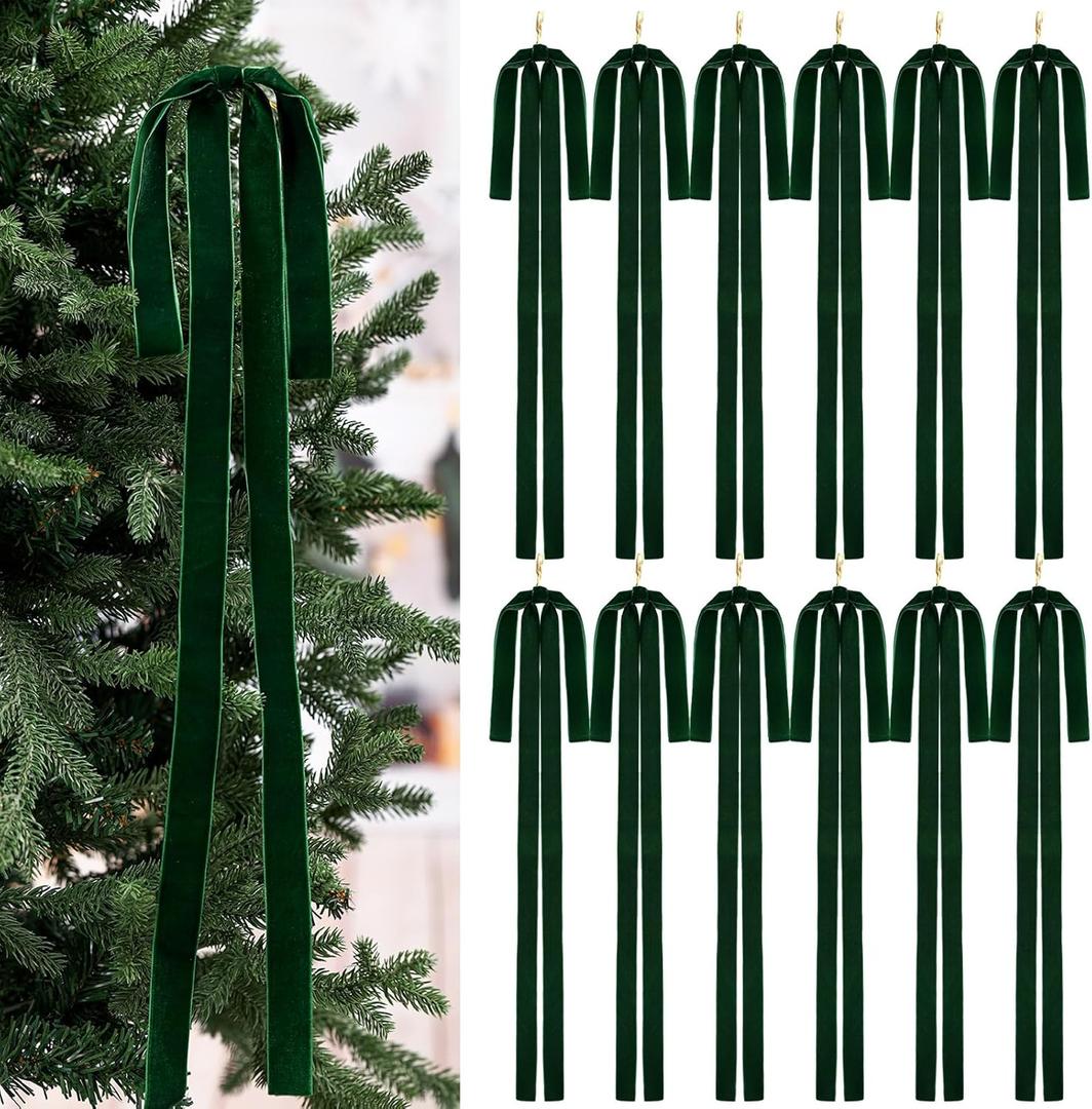 Janinka 12 Pcs Green Velvet Ribbon Bows Christmas Tree Decorations 23.5x15.5 Inch Rustic Neutral Large Velvet Vintage Christmas Swag Ornaments Staircase Wreath Bows Tree Topper Bow