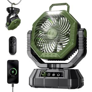 AJVV Camping Fan Rechargeable, Battery Powered Fan With Remote Controller, LED Light, Dual Motors, Stepless Speed, 90/270 Swing,Timer, Portable fan For Travel Tent Bedroom Beach Fishing, Green
