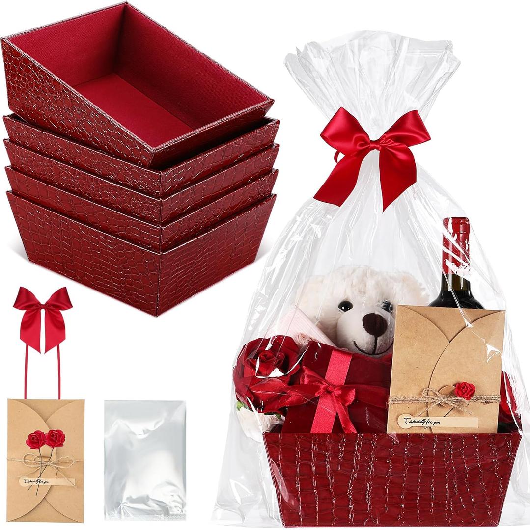 Wonderjune 20 Pcs Valentines Day Gift Baskets Empty To Fill Baskets For Gifts Empty With Gift Bag Bow Valentines Gifts Storage Basket Bulk for Wedding Party Wrapping(Wine Red)
