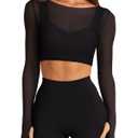 LASLULU Womens Long Sleeve Workout Tops with Built in Bra Sheer Mesh V Neck Black Crop Tops Cropped T Shirts Sexy Exercise Pilates Fall Outfits(Black,X-Large) 