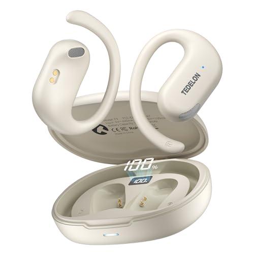 Open Ear Earbuds, 50H Open Ear Headphones Bluetooth 5.4, IPX6 Open Ear buds Wireless with Ear hook, Hi-res Stereo, AI Clear Call, Lightweight, Wireless Over Earbud for Workout, Gym, Running, Beige