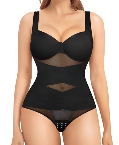 Nebility Shapewear Bodysuit for Women Tummy Control Waist Trainer Backless Body Shaper V-Neck with Built in Bra(Black,XX-Large)