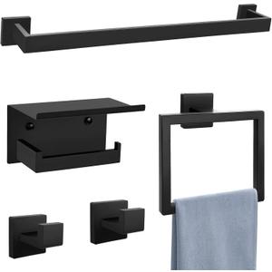 Matte Black Towel Bar Set 5-Piece Bathroom Hardware Accessories Set Includes 23.6 Inch Towel Bar,Toilet Paper Holder with Shelf,Square Towel Ring and Coat Hooks Stainless Steel Wall-Mounted