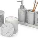 ZCCZ - Bathroom Accessories Set 6 Pcs - White Marble Design Toothbrush Holder, Lotion Soap Dispenser, 2 Qtip Holder Dispenser, Vanity Tray, Bathroom Tumbler - Decorative Countertop Vanity Organizer
