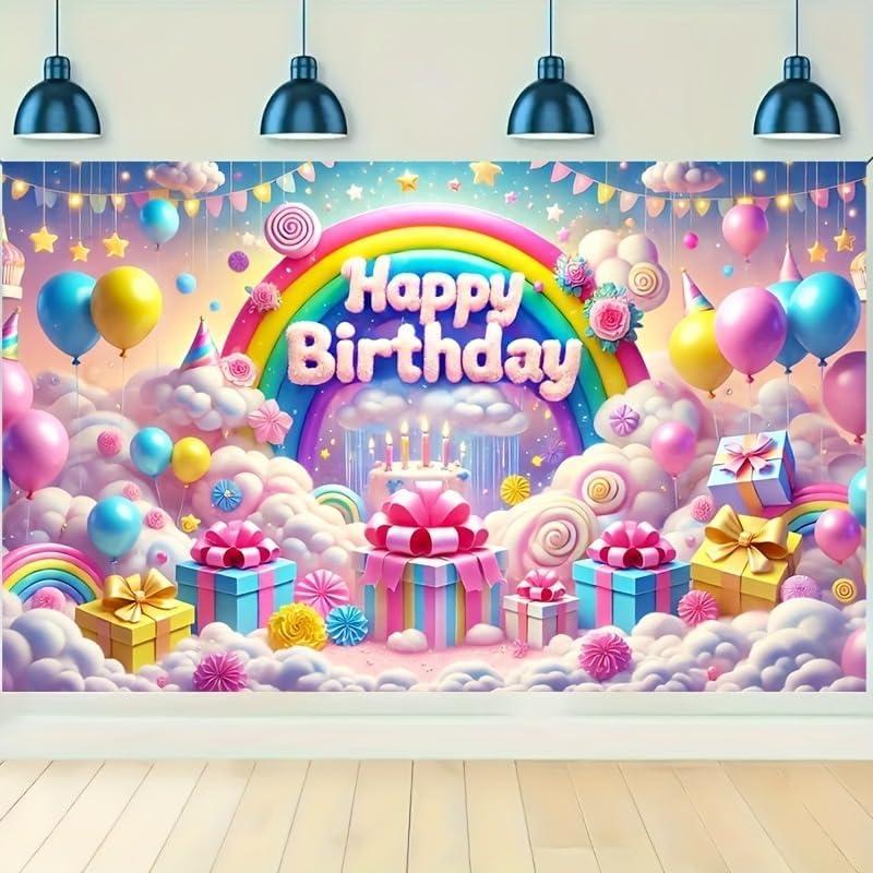 Happy Birthday Rainbow Balloon Cake and Gift Box Theme Banner Happy Birthday Backdrop Decoration Photo Banner Background