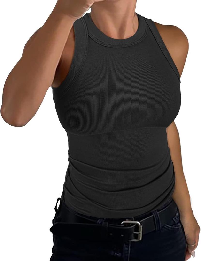 GEMBERA Womens Sleeveless Racerback High Neck Casual Basic Cotton Ribbed Fitted Tank Top (Medium, Black)