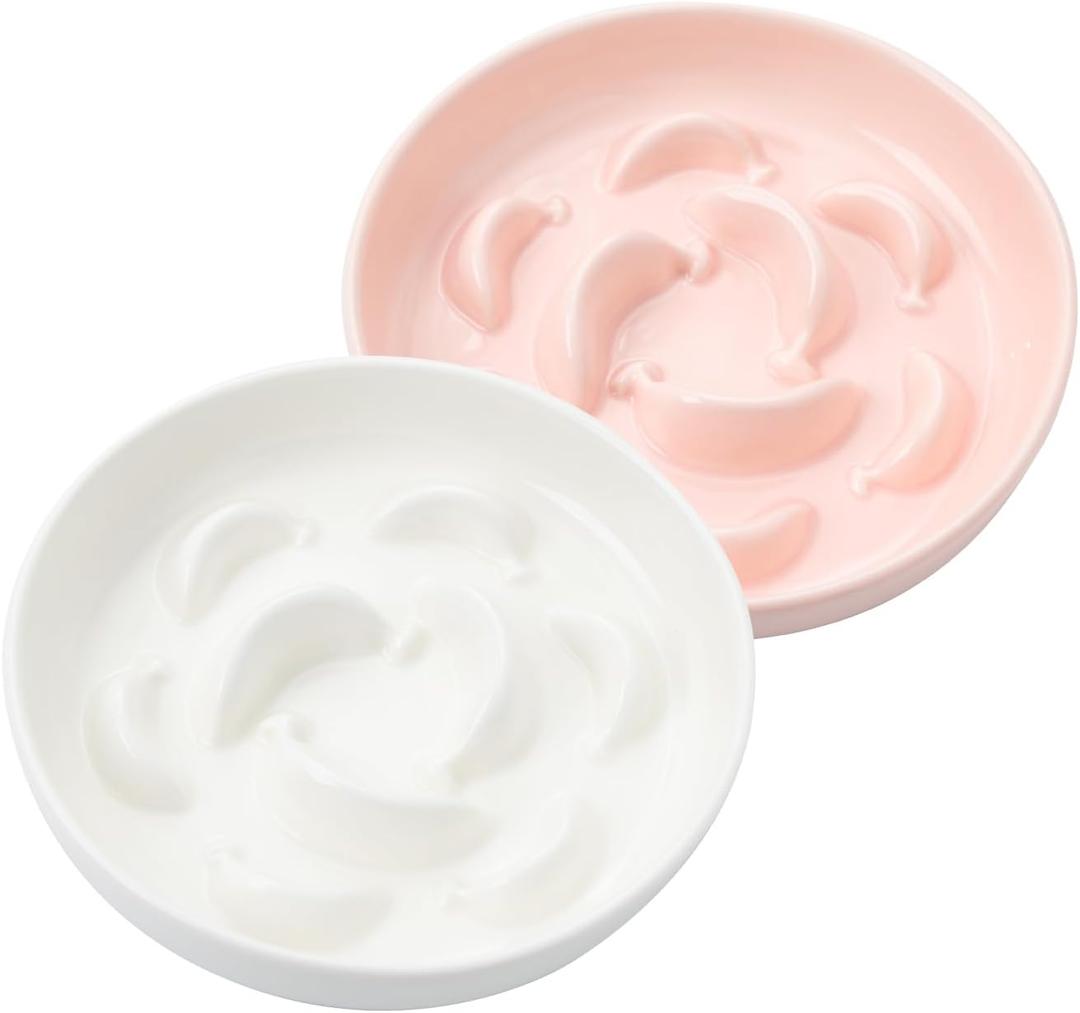Cat Slow Feeder Bowl Set - 2-Pack Ceramic Cat Dishes for Slow Eating - Whisker-Friendly Cute Maze Bowls for Dry & Wet Food - Microwave & Dishwasher Safe - White and Pink