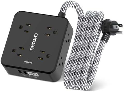 Surge Protector Power Strip - CHCORE 5Ft Braided Extension Cord with 8 Outlets with 4 USB (2 USB C) Charging Ports, Flat Plug Multi Plug Outlet Extender Charging Station for Home Office, ETL, Black