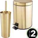 mDesign Metal Steel/Plastic Toilet Bowl Brush/Holder and Round 1.3 Gallon/5L Step Trash Can Combo Set for Bathroom; Holds Trash, Recycling, Deep Cleaning, Mirri Collection, Brass