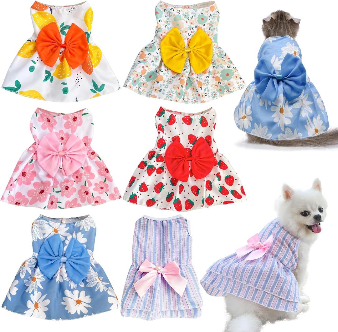 6 Pieces Dog Dresses for Small Dogs Girls, Cute Princess Puppy Kitten Dog Dresses with Flowers and Bowknot for Pet Cats, Small Dogs' Outfits Female Pet Skirts Clothes for Chihuahua Yorkies (Medium)