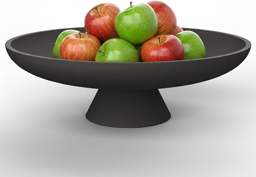 Modern Concrete Pedestal Fruit Bowl Handmade 12" Centerpiece for Kitchen Counter, Coffee Table & Entryway Non-Slip Cork Base, Heavy Duty Home Decor Tray for Keys, Storage Black