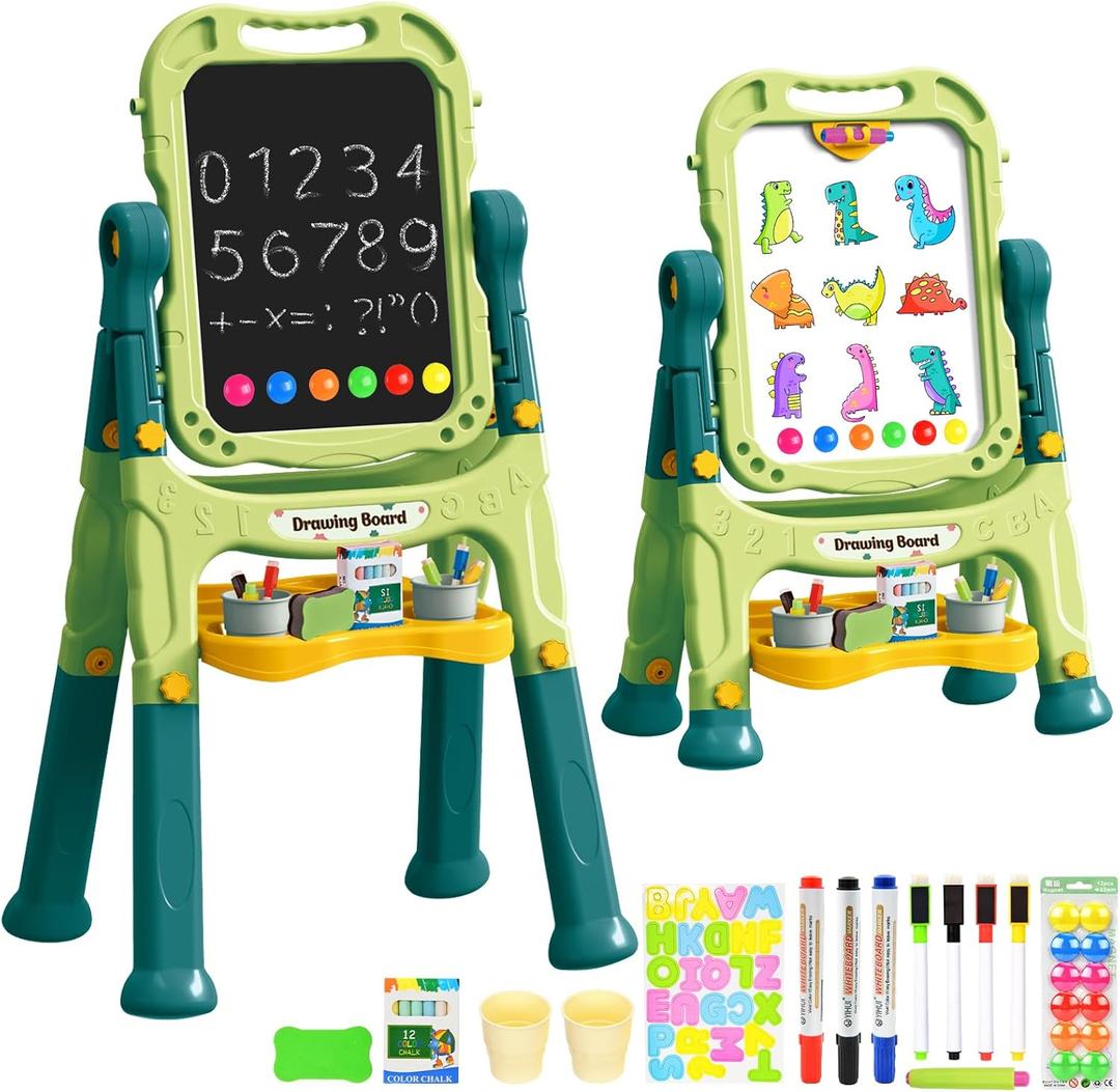 Kids Art Easel, Adjustable Drawing White Board & Chalk Board, Toddler Double Sided Easel with Painting Accessories, Birthday Gift for Girls Boy Age 3 4 5 (Green)