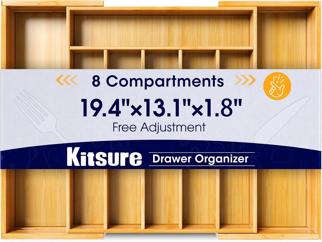 Kitsure Large Bamboo Silverware Organizer - Expandable Drawer Organizer for Utensil, Cutlery and Flatware, Kitchen Storage Solution with 6 to 8 Slots, Natural, 19.4"  13.1"  1.8"