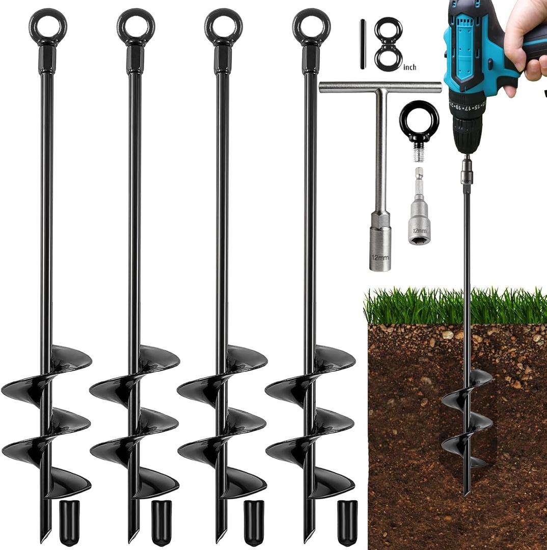 Ground Anchors Heavy Duty, Swing Set Anchor Kit 18 Inch 4 Pack Screw in Earth Anchors Trampoline Stakes High Wind Metal Auger Anchor for Shed Tent Carports Securing Animals Camping Mobile Home