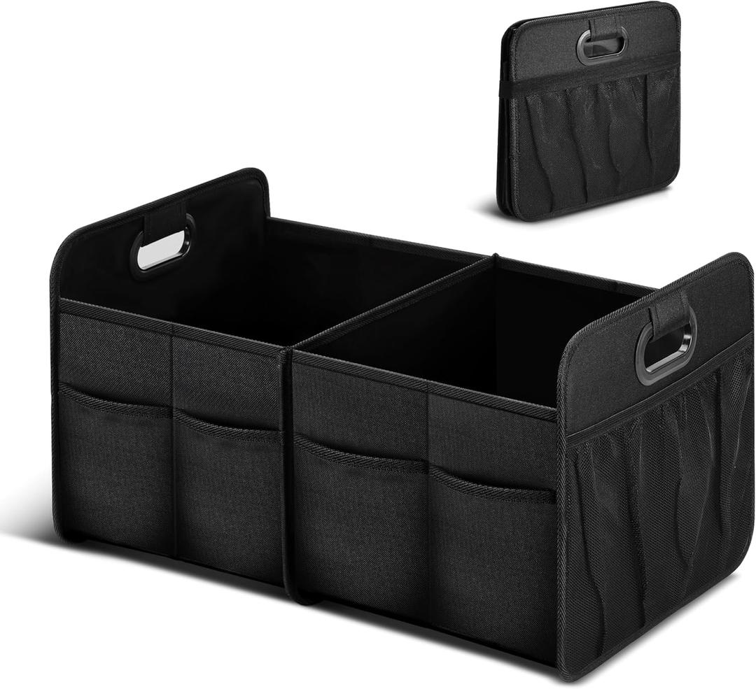 Simple Deluxe Trunk Organizer for Car/SUV, Collapsible 600D Waterproof Oxford Polyester 50L Storage Box, 2 Compartments Multipurpose Travel Accessories, Anti-slip & Leak-proof, Black New (1 Pack)
