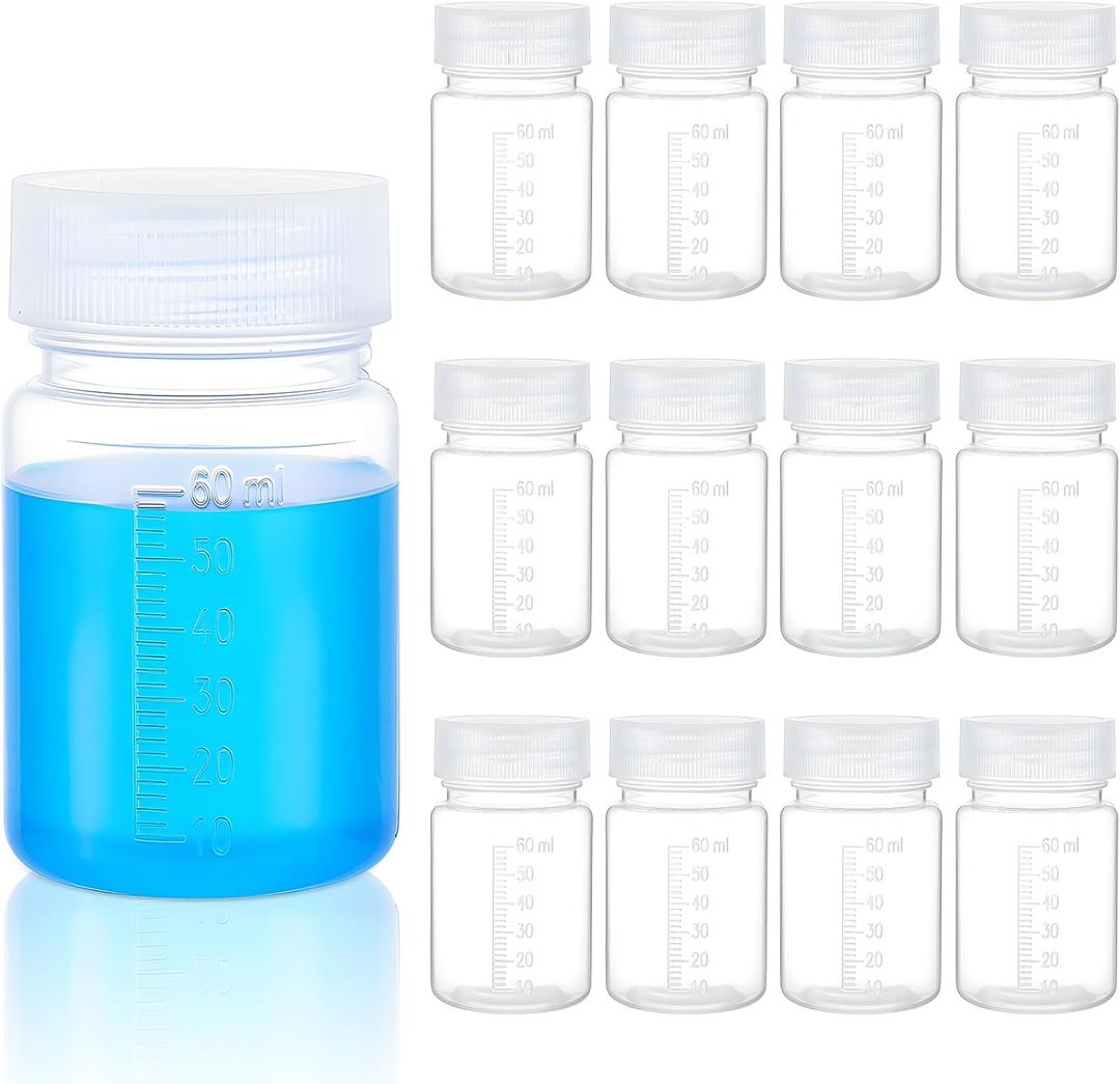 Tatuo 12 Pcs 2oz 60 ml Plastic Sample Bottles with Screw Cap, Liquid Containers with Lid for Lab Reagent Sample Medicine Pill Water Storage, Travel Bottles(Clear,Wide Mouth-White Scale)