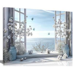 Coastal Flower Bathroom Canvas Wall Art Farmhouse Cotton Bouquet and Butterfly Bathroom on Window Wall Decor Rustic Blue Beach Butterfly Poster Print for Living Room Bedroom Restroom Home Decoration (16L" x 12W")