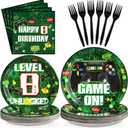 Grencian 96 Pcs 8th Video Game Party Decorations Plates for Boys Green 8th Supplies Level 8 Birthday Plates Green Disposable Gaming Tableware Set for 8th Birthday Party, Gamer 8 Years Old Favors