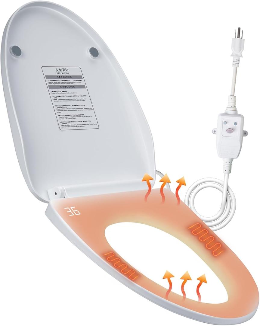 Heated Toilet Seat with Temperature Display and Built-in Side Controls, 3-Speed Heating Mode Elongated Toilet with Earth Leakage Protection, Slow Close Warming Toilet Seat with Auto Night Light