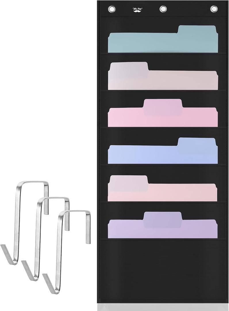 Mr. Pen- Hanging Wall File Organizer, 6 Pocket, Black, 3 Overdoor Hangers Included, Over the Door File Organizer, Wall Folder Organizer (1 Pack, 6 Pockets, Standard)