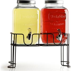 Circleware Double Yorkshire Mason Jar Glass Beverage Drink Dispensers with Metal Stand, 1 gallon, Clear