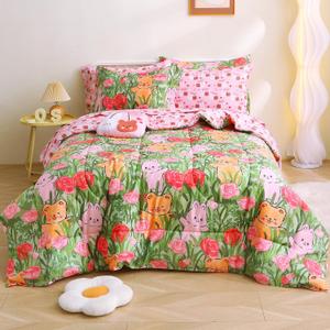 Mooreeke Twin Size Comforter Sets for Girls Kids, 6 Pieces Bed in a Bag Garden Cute Rabbit Floral Bedding Comforter Sheet Set with Shams and Decorative Toy Pillow, Ultral Soft Microfiber Kids Bed Set